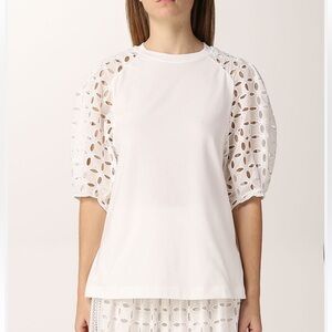 Alberta Ferretti Cotton jersey t-shirt bell sleeve  lace cotton blouse top sz 10